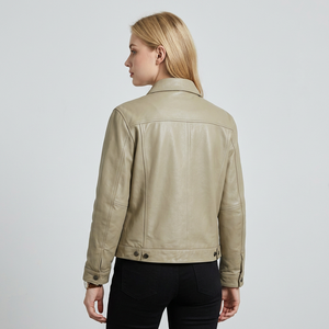 Blouson de moto en cuir pour femme, style denim, en peau de mouton, teint uni, respirant, avec boutons sur le devant et ceinture amovible, pour l'hiver - Product Image 2