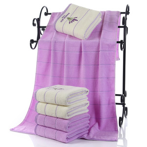 Juego de toallas de baño de algodón puro, 70x140 cm, lavanda, bordado a rayas, blanco pálido, morado, agradable para la piel, regalo para uso doméstico - Product Image 1