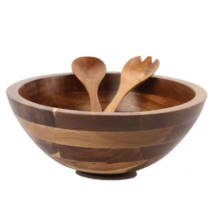 Natural Wood Fruits Salad Bowl With Servers Set Solid Hardwood Serving Wooden Bowl With Tableware Fork Spoon Set