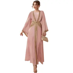 Pink Plain Color Embroidery Women Islamic Clothing Abaya Modest Muslim Two Piece Dress Sets With Belt