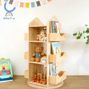 XIHA Wooden Revolving Rotating Bookshelf Round Bookshelves Library Book Rack For Kid Home Bookcase Furniture Display Shelf