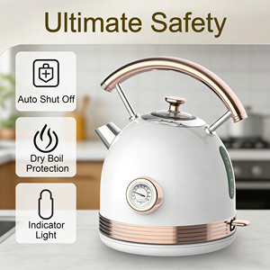Bouilloire électrique <span class=keywords><strong>sans</strong></span> fil rétro 1,7 L en acier inoxydable 2200W à ébullition rapide avec thermomètre et arrêt automatique (Blanc/Doré) pour usage hôtelier - Product Image 3