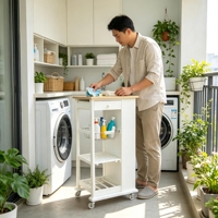 Chariot de rangement multifonctionnel moderne en bois sur roulettes avec tiroirs, paniers métalliques et étagères pour salle de bain et maison