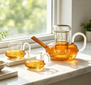 Service à thé moderne en verre ambré, comprenant une théière et des tasses, pichet en verre résistant à <span class=keywords><strong>la</strong></span> chaleur, carafe à eau en verre faite à <span class=keywords><strong>la</strong></span> main pour le thé en famille, idéal comme cadeau - Product Image 2
