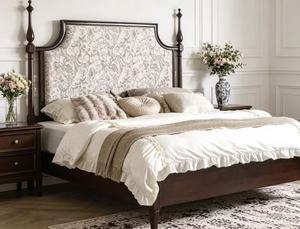 Premium Queen Size Upholstered <b>Bed</b> With Floral Fabric Tall Headboard For Vintage Bedroom - Product Image 2