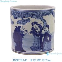 Pot Bunga Porselen Jingdezhen Biru Putih RZKT03-P, Motif Persik Panjang Umur, Keramik Cina Antik, Pot Kuas