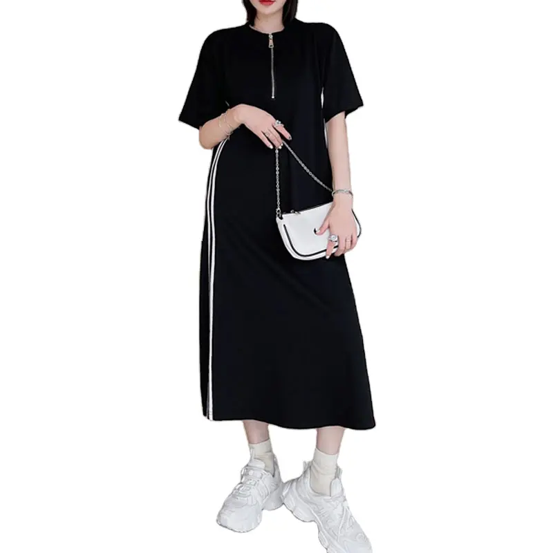 2023 Hot Selling Short Sleeves Summer Dress Fit Waist Design Zipper A line Dress Casual Wear Women's T Shirt Dress