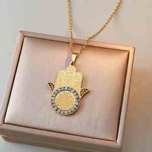 Collar de Moda Religiosa Musulmana Árabe con Colgante de Acero Inoxidable con Diseño de Ayatul Kursi, <span class=keywords><strong>Palma</strong></span> y Zirconia, para Eid - Product Image 2