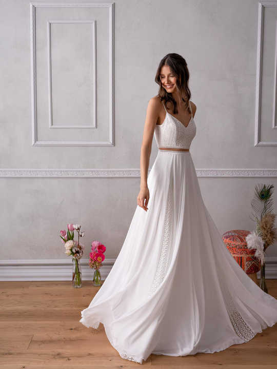 Robe De Mariée Boho Manches Longues - Dentelle Et Mousseline - Col V - 100% Polyester