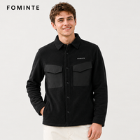 Jaket Shacket Fleece Hitam Pria Kustom, Jaket Kemeja Kasual Hangat Musim Dingin dengan Kancing dan Dua Saku Dada, Layanan OEM ODM