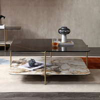Table basse carrée moderne de luxe à double plateau, plateau en pierre frittée, base en acier inoxydable couleur dorée, mobilier de salon pour la maison