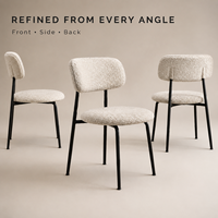 Chaise de restaurant tubulaire en métal, dossier arrondi en bouclette crème, coussin épais, structure noire mate