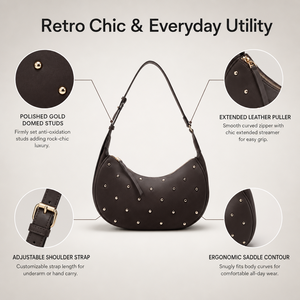 Brown Fashion Studded Single Strap Hobo Shoulder <b>Bag</b> Half Moon Satchel PU Zipper <b>Underarm</b> for Daily Travel Shopping - Product Image 1
