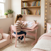 Bureau d'étude ergonomique en métal pour enfants, réglable en hauteur avec 3 moteurs, plateau inclinable, étagère, rose, bleu, école