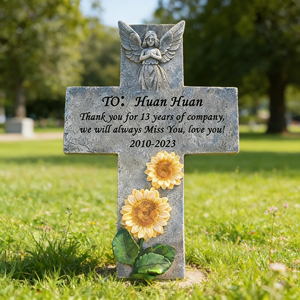 Placa Conmemorativa de Resina Personalizable con Cruz - Nombre/Fecha/Cita Grabable, Diseño de Ángel y Girasol, Ideal para Decoración de Jardín - Product Image 2