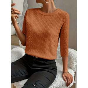 Pull côtelé à manches trois quarts pour femme, jaune, taille [taille à préciser], haut en tricot, vêtement décontracté - Product Image 6