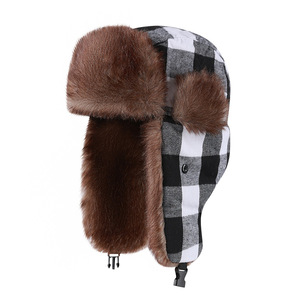 Gorro de piloto a cuadros unisex con orejeras forradas de piel sintética, gorro de invierno a prueba de viento, gorro de aviador para clima frío. - Product Image 3