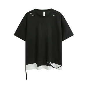 Nouveau T-shirt Homme Style Américain Rétro Faux Deux Pièces Effet Déchiré Manches Courtes Marque Tendance Streetwear Coupe Oversize Design Irrégulier - Product Image 3