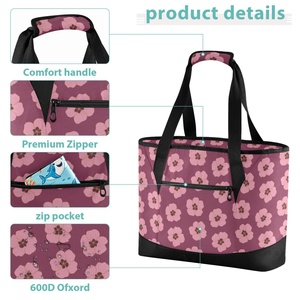Eco-friendly Hawaiian Pink Hua Flower Zipper Closure Women Waterproof Custom Logo Beach Thermal Lunch Tote Insulated Cooler Bag - Product Image 5