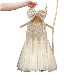 Princess Style Summer Sleeveless Sequined Bowknot <strong>Dress</strong> for <strong>Kids</strong> Girls' O-Neck Opaque Tulle Birthday Party Wear Pearls - Product Image 1