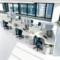 Poste de travail modulaire blanc pour 6 personnes avec bureaux incurvés et armoires suspendues