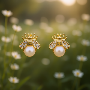 Orecchini a Perno E1654 a Forma di Insetto, Placcati in Oro Bianco con Perla Coltivata AAA Rotonda, Montatura Pavé, Eleganti per Uso Quotidiano Femminile - Product Image 2