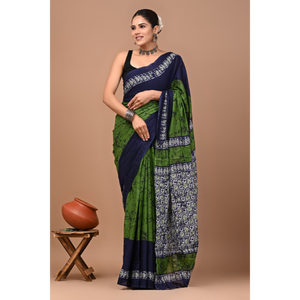 Sari de Algodón Mulmul Estampado con Blusa a Juego, Sari de Algodón Mulmul Ligero y Elegante - Cómodo para Uso Diario - Product Image 3
