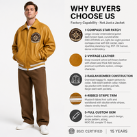 Blouson Bomber Varsity Personnalisé en Cuir PU Moutarde avec Patch Étoile Boussole et Bordure Côtelée Rayée Raglan pour Fabricants OEM ODM de Marques
