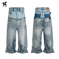 American High Street Unique Two Tone Design Relaxed Fit Versatile Couple Style Straight Leg Denim Jeans