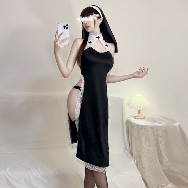 Sexy Lingerie Nun Uniform Suit High Fork Free Black Slim Night Club Adult Maid Costume Clothes Lingerie With Thong Stockings