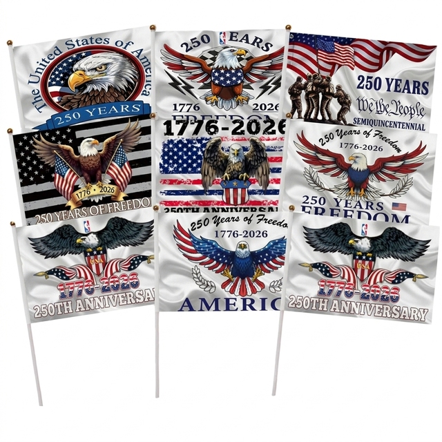 Custom 90x150cm 60x90cm 10x15cm USA 250th Years Mini Stick Flags Digital Printed Rectangle 1776 2026 Banners with logo