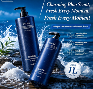 Gel lavant 3-en-1 bleu parfumé pour cheveux, corps et visage, contrôle du sébum, parfum frais, flacon pompe 1 L - Product Image 2