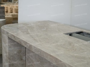 Isla <span class=keywords><strong>de</strong></span> Cocina <span class=keywords><strong>de</strong></span> Cuarzo Natural Taj Mahal Personalizada SH STONE con Gabinete Envolvente <span class=keywords><strong>de</strong></span> Piedra, Base Arqueada y Fregadero Integrado - Product Image 6