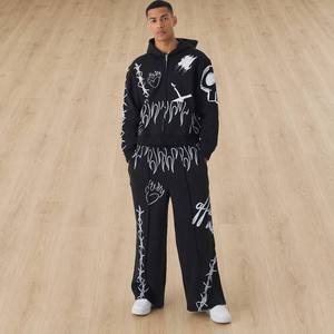 Conjunto de Chándal para Hombre de Algodón con Forro Polar, Estilo Urbano Y2K Grunge, con Gráfico de Corazón de Cereza y Llama, Cremallera Completa y Pierna Ancha, Venta al por Mayor Personalizada - Product Image 1