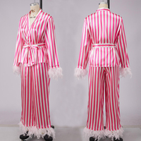 Ensemble de pyjama en satin à rayures verticales pour femme, avec robe courte à bordure en plumes, pantalon large, manches longues, ceinture, tenue de soirée et de détente