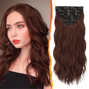 Extensions de cheveux synthétiques bouclés à clipser couleur <span class=keywords><strong>châtain</strong></span>, 5 pièces, 18 pouces de long, épaisses et douces, pour femmes, pour usage quotidien et soirées - Product Image 1