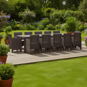 Set da pranzo da giardino in polyrattan, 13 pezzi, mobili da esterno marroni, design contemporaneo resistente alle intemperie - Product Image 2