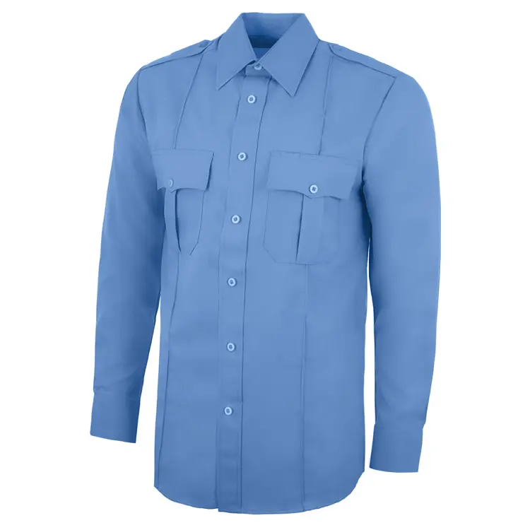 견장을 가진 밝은 파란색 경비원 제복 셔츠 주문을 받아서 만들어진 로고 유효한 긴 소매 단추 2 개의 가슴 주머니