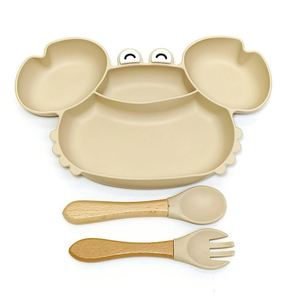 Juego de vajilla de silicona con cuchara de madera, plato dividido de 4 compartimentos, plato de cena, tazón de cangrejo para bebé, tenedor al por mayor, gran capacidad - Product Image 2