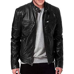 Chaqueta de Cuero Negra Estilo Café Racer para Hombre, Chaqueta de Motociclista con Cuello Alto para Otoño - Product Image 2