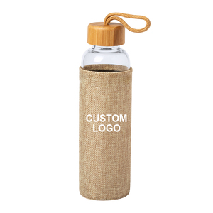 Ecologische herbruikbare borosilicaat glazen waterfles, BPA-vrij, met bamboe deksel en jute hoesje - Product Image 1