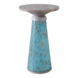 Mesa auxiliar moderna de vidrio con superficie de madera y base azul marmoleada para sala de estar o dormitorio - Product Image 1