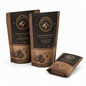 Bolsa resellable de grado alimenticio con cierre de cremallera, superficie mate, tipo stand-up, para granos de café. - Product Image 1