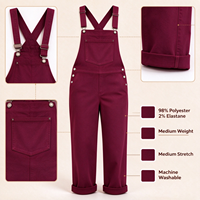 Salopette en jean bordeaux taille mi-haute coupe droite décontractée, idéale pour le look de service matinal au café