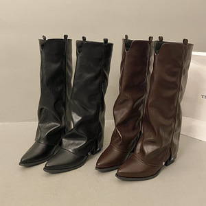 Bottes mi-hautes pour femmes européennes et américaines, automne-hiver, nouveau talon épais, bout pointu, grande cylindrée, bottes tubulaires - Product Image 6
