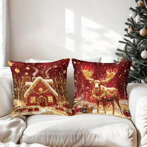 クリスマスの温かみのある装飾用クッション。雪だるま、トナカイ、ツリー、小屋などのお祭りの情景が描かれ、ホリデーホームデコレーションに最適です。 - Product Image 3