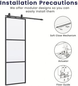 Mecanismo de cierre suave Interior de vidrio templado transparente Marco de acero al carbono Montaje superior Kit de herrajes para puerta de Granero Puerta de Granero corrediza de vidrio - Product Image 4