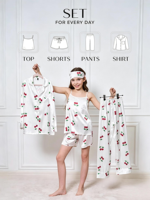 Vente en gros de pyjamas en satin de soie personnalisés 7 en 1, imprimé cerises, masque pour les yeux, pantalon, short, vêtements de nuit, vêtements de détente, fabricant de vêtements de marque privée