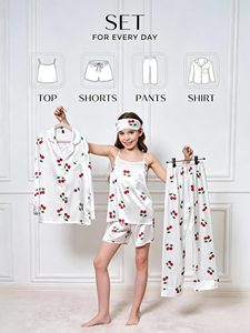Pijamas <span class=keywords><strong>de</strong></span> Seda Satinada 7 en 1 Personalizadas al por Mayor, con Estampado <span class=keywords><strong>de</strong></span> Cerezas, Antifaz, Pantalones, Shorts, Ropa <span class=keywords><strong>de</strong></span> Dormir y <span class=keywords><strong>de</strong></span> Estar por Casa <span class=keywords><strong>de</strong></span> Marca Privada, Fabricante - Product Image 3