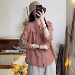 Chinese Style Embroidered Shirt Women Linen Three Quarter Sleeve Loose Fit Everyday Wear Green - Product Image 4